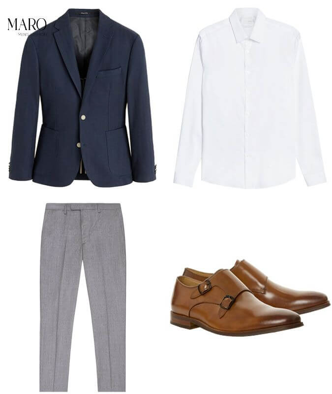 Set #2: Blazer Xanh Navy + Quần Âu Ghi Xám + Áo Sơ Mi Trắng/Xanh Nhạt