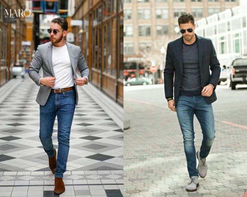 Set #6: Áo Blazer + Áo Thun Trơn + Quần Jean Tối Màu + Giày Sneaker/Boot