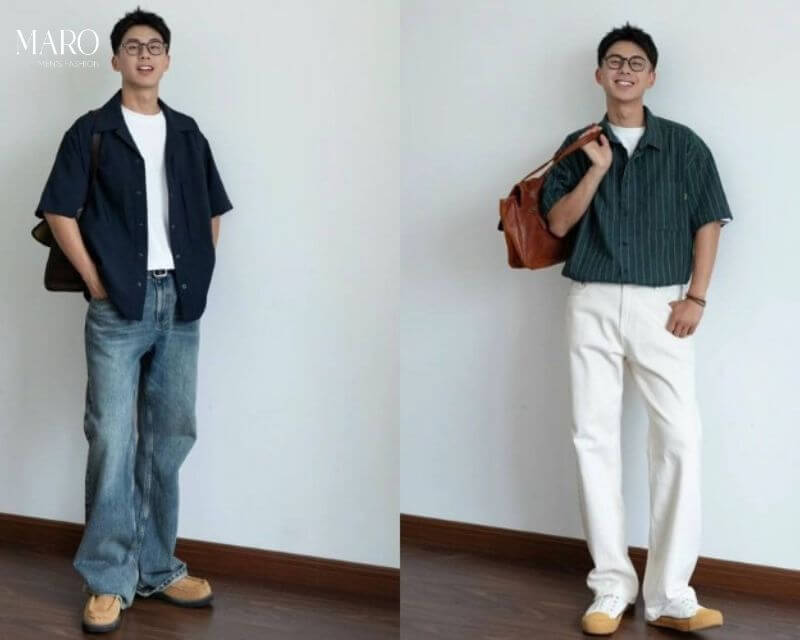 Set #7: Áo thun trắng + áo sơ mi khoác ngoài + quần jeans tối màu hoặc kaki