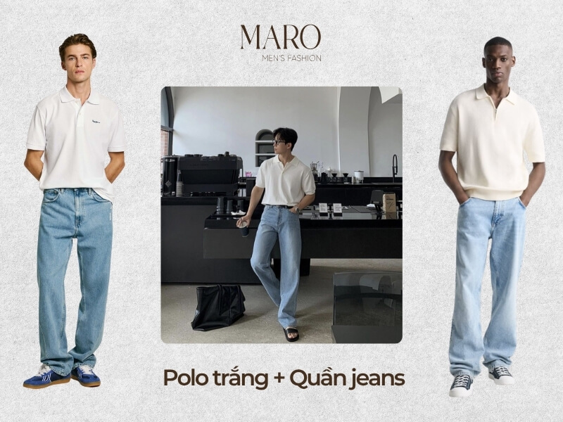áo polo trắng nam mặc với quần jeans