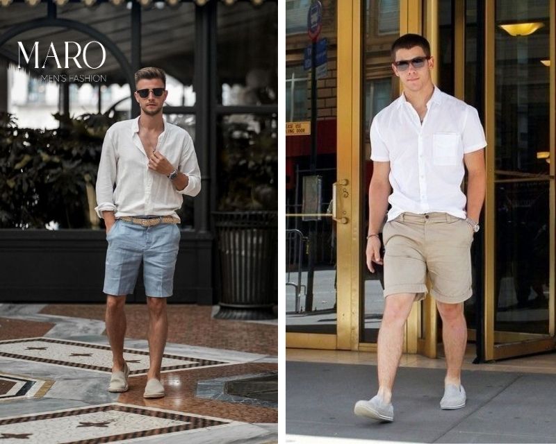 áo sơ mi trắng với quần short phong cách smart casual