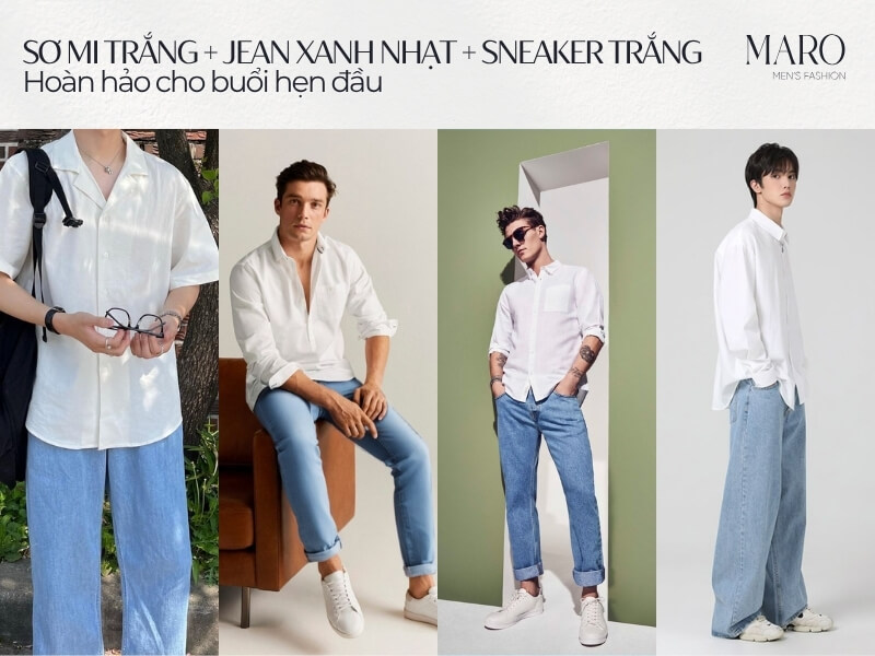 Sơ mi trắng + Jean xanh nhạt + Sneaker trắng