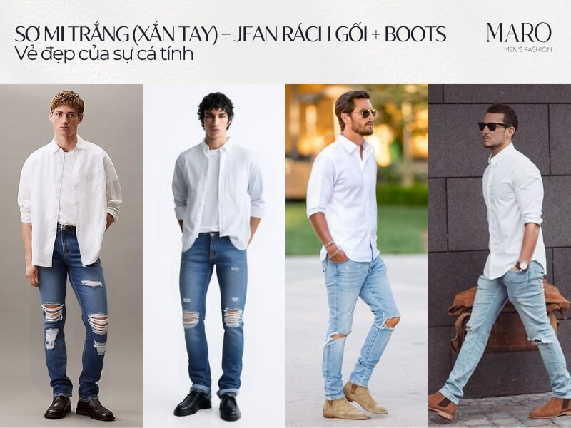 Sơ mi trắng (xắn tay) + Jean rách gối + Boots