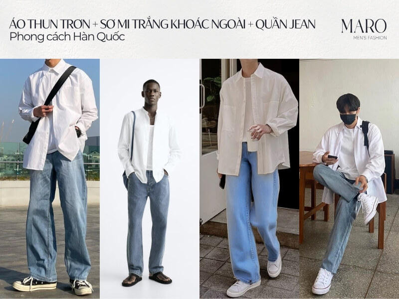 Áo thun trơn + Sơ mi trắng khoác ngoài + Quần Jean