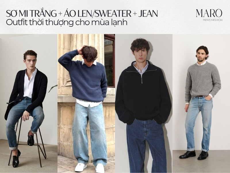 Sơ mi trắng + Áo len/Sweater + Jean