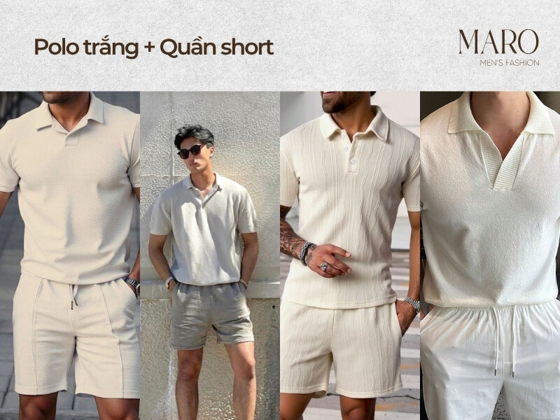 kết hợp áo polo trắng với quần short