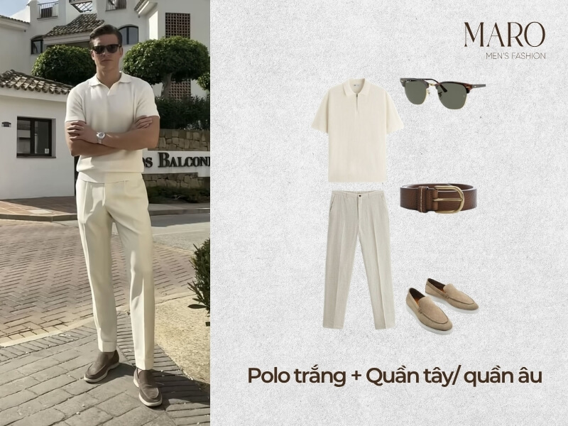 phối áo polo trắng nam với quần tây/quần âu