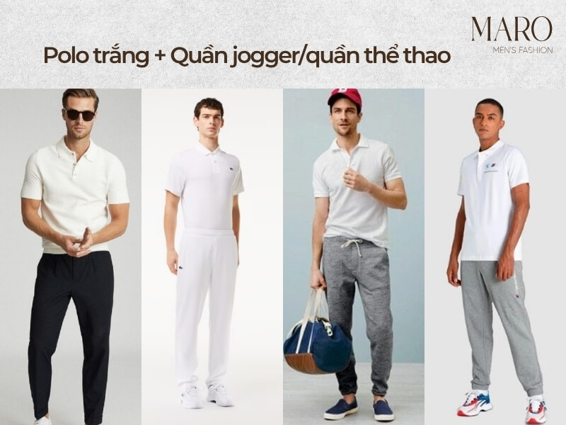 phối áo polo trắng với quần jogger/quần thể thao