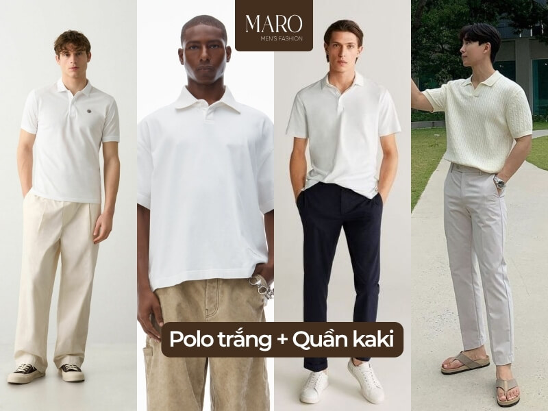 phối polo trắng nam và quần kaki