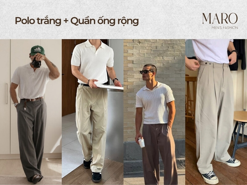 phối quần ống rộng với polo trắng nam