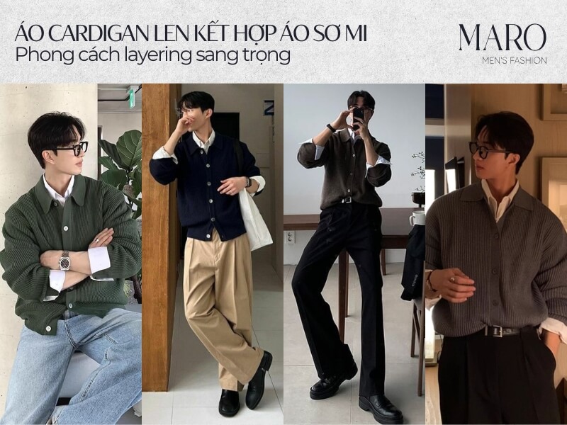 áo cardigan len kết hợp áo sơ mi