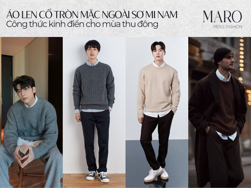 áo len cổ tròn mặc ngoài sơ mi nam
