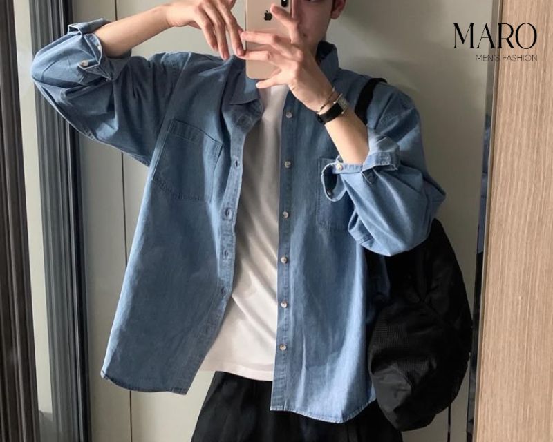 Áo sơ mi jean màu xanh sáng tay dài cho nam
