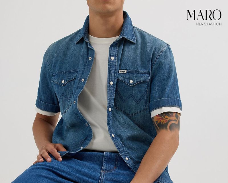 Áo sơ mi jean tay ngắn xanh đậm cho nam