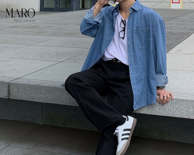 Áo sơ mi jean trơn tay dài cho nam