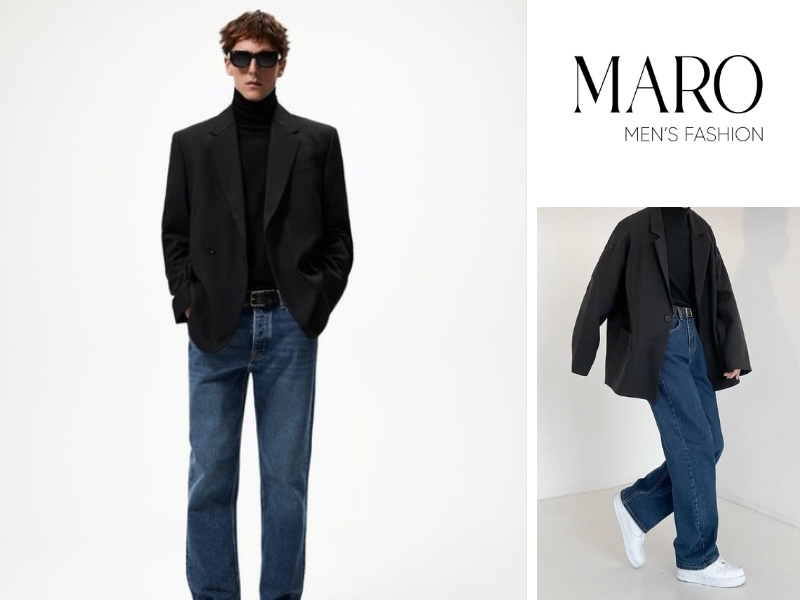 blazer phối áo cổ lọ nam phong cách casual