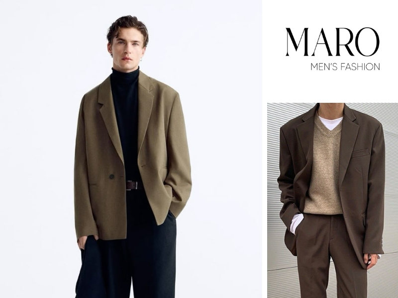 blazer phối áo cổ lọ nam phong cách monochromatic