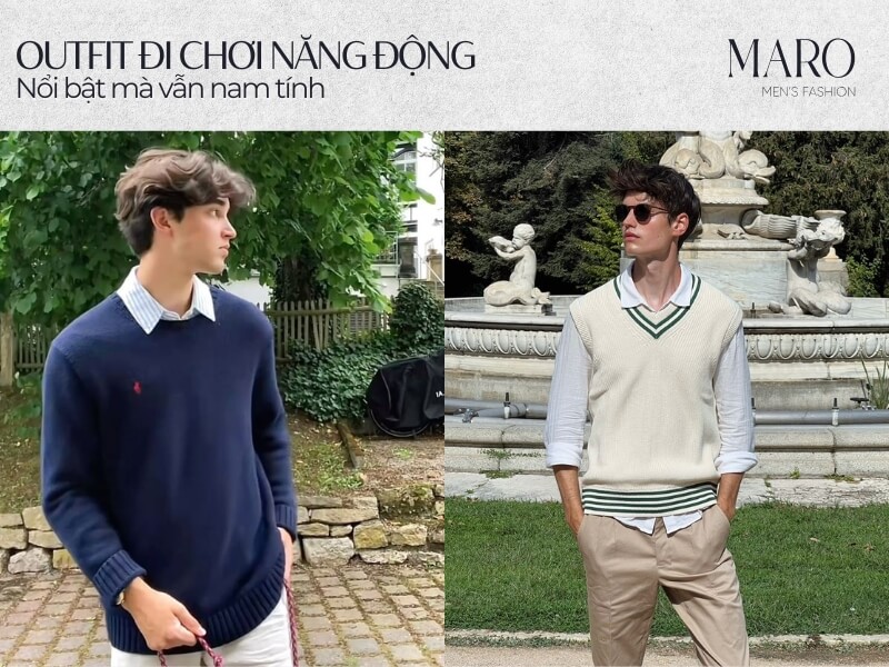 Phối áo sơ mi với áo len nam đi chơi năng động