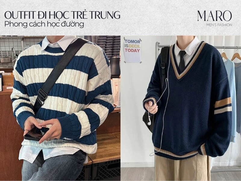 Phối áo sơ mi với áo len nam đi học trẻ trung