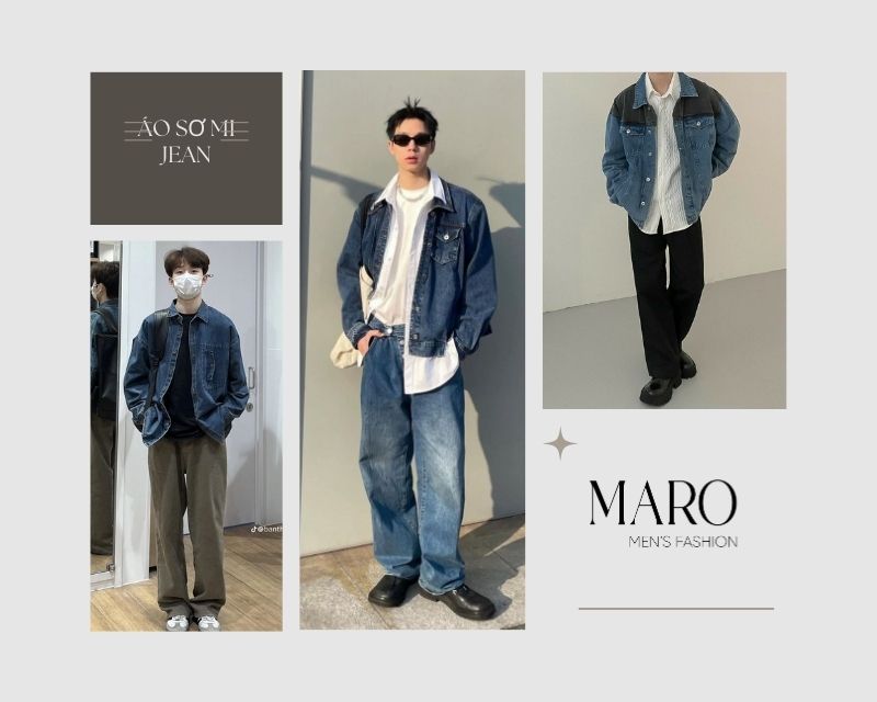 áo sơ mi jean nam phối layering
