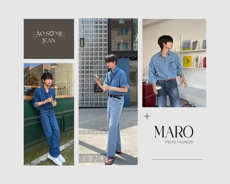 áo sơ mi jean nam phong cách denim on denim