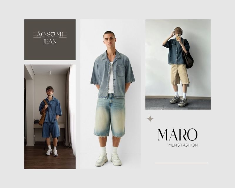 áo sơ mi jean nam phối với quần short