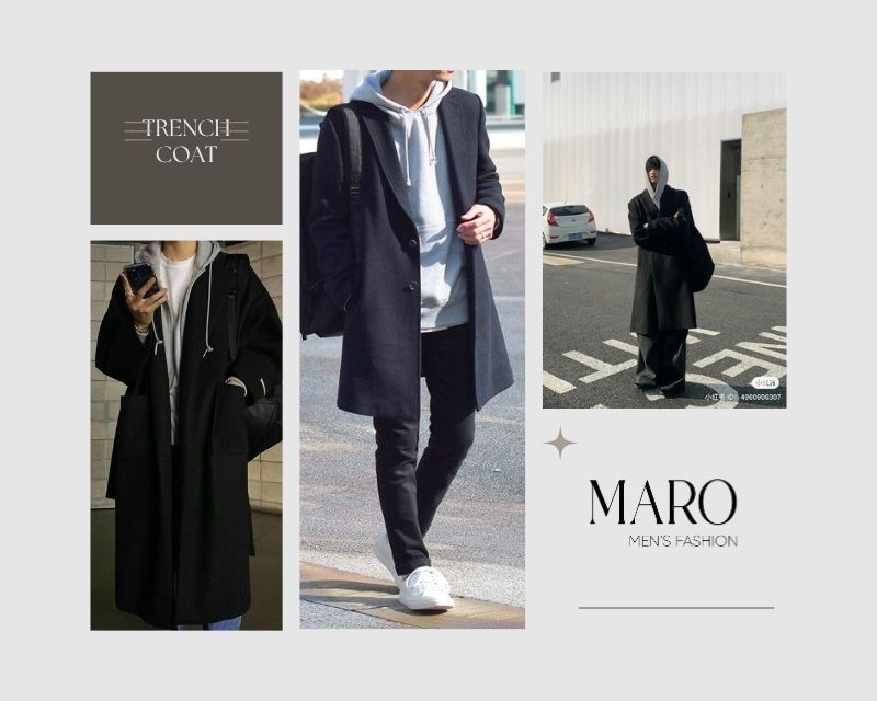 phối áo măng tô nam với hoodie và quần kaki, quần jean