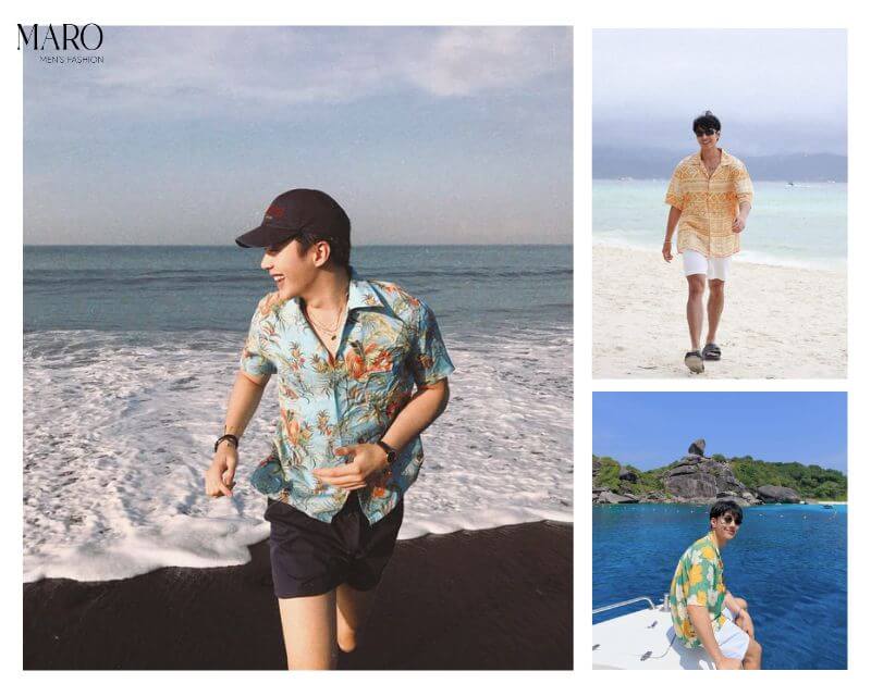 phối đồ đi biển nam với áo sơ mi hawaii