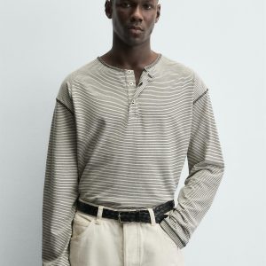 Striped Henley Neck T-Shirt MARO