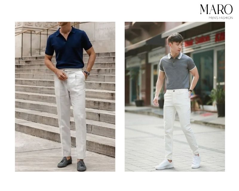 áo polo đen xanh kết hợp cùng quần tây sáng màu