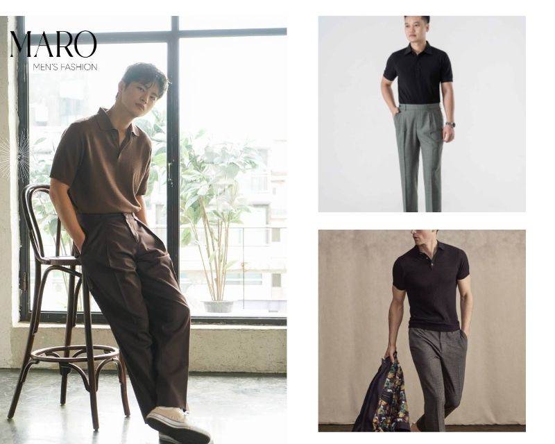 kết hợp polo màu đậm với quần tây đen xám