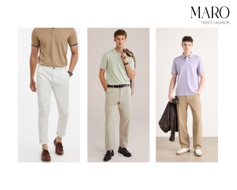 phối áo polo màu pastel với quần tây trắng be