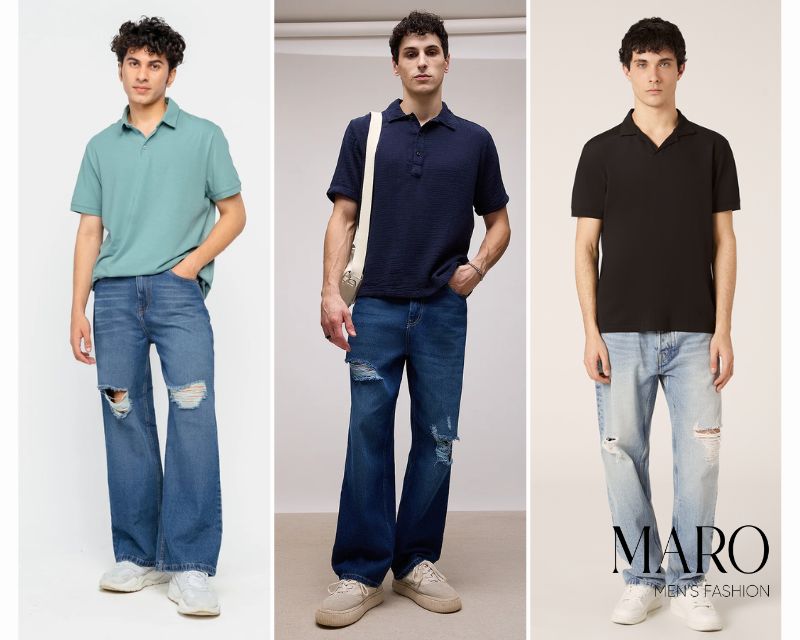 phối áo polo với quần jean rách gối