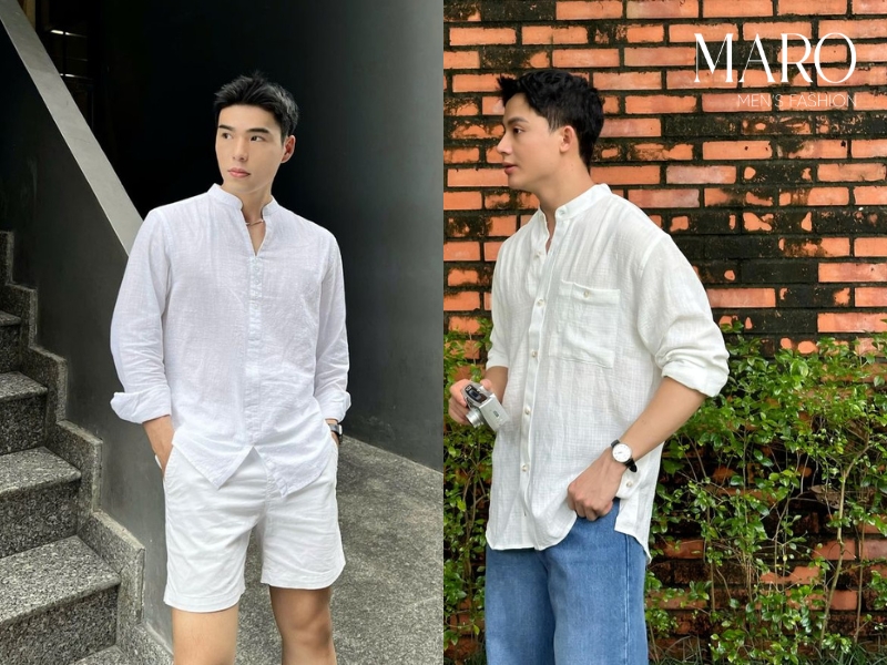 áo linen cổ trụ nam