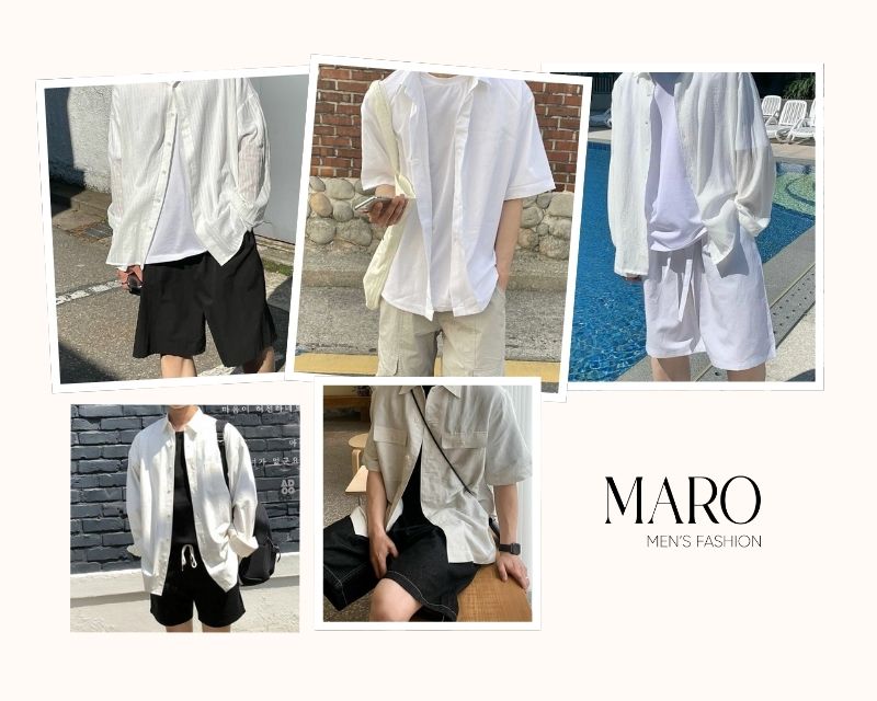 áo sơ mi trắng với quần short phong cách layering