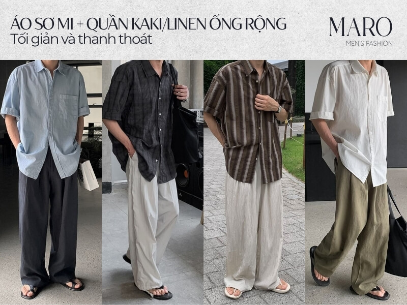 kết hợp quần kaki linen ống rộng với áo sơ mi nam