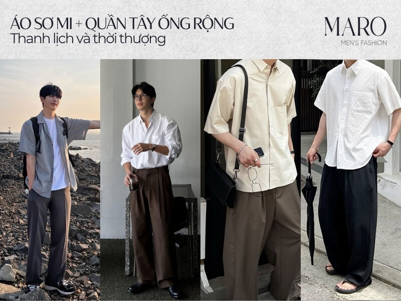mix áo sơ mi với quần tây ống rộng