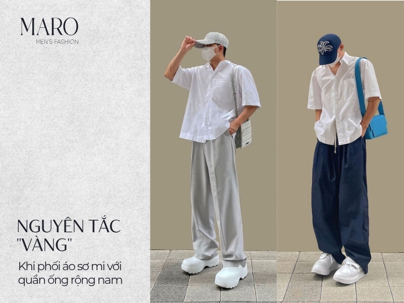 nguyên tắc vàng khi phối áo sơ mi với quần ống rộng nam