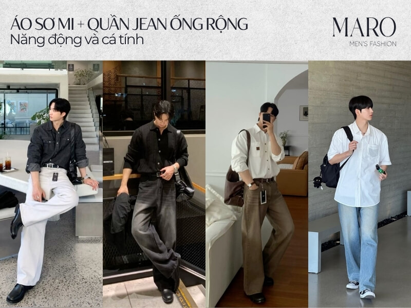 phối áo sơ mi với quần jean ống rộng