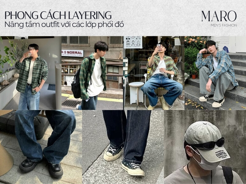 quần ống rộng phối áo sơ mi nam phong cách layering