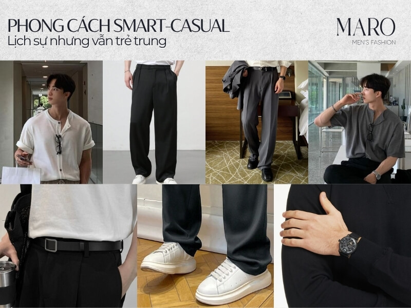 quần ống rộng phối áo sơ mi nam phong cách smart casual