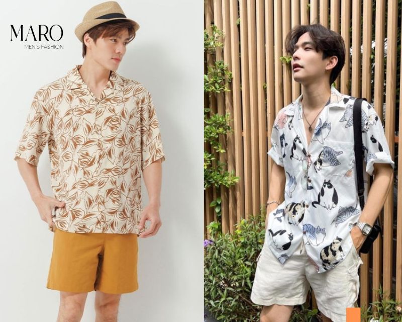 áo sơ mi họa tiết quần short trơn màu