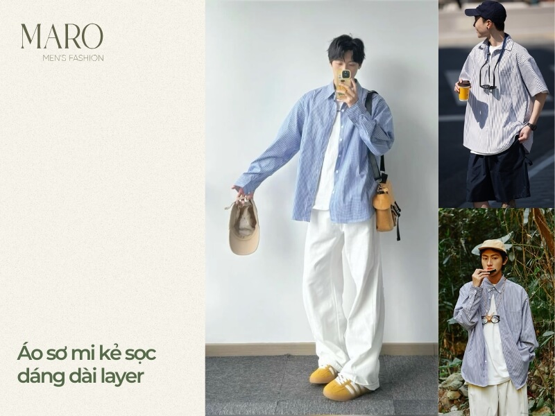 áo sơ mi kẻ sọc nam dáng dài layer
