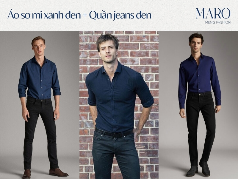 áo sơ mi xanh đen kết hợp với quần jeans đen hoặc xanh nhạt