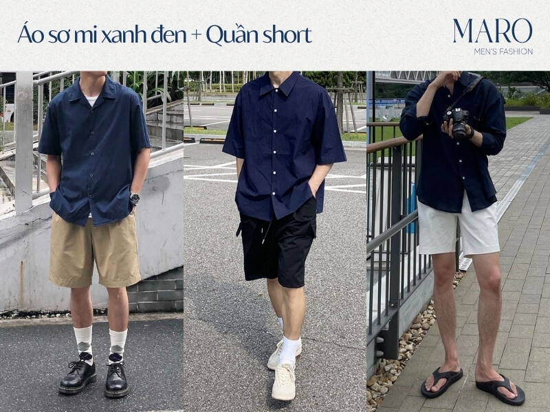 áo sơ mi xanh đen kết hợp với quần short