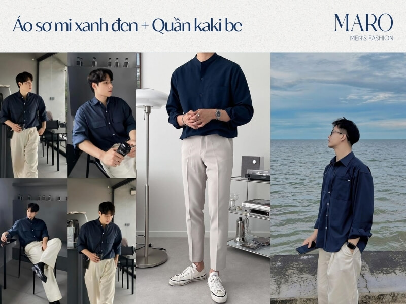 áo sơ mi xanh đen mix với quần kaki màu be nâu nhạt