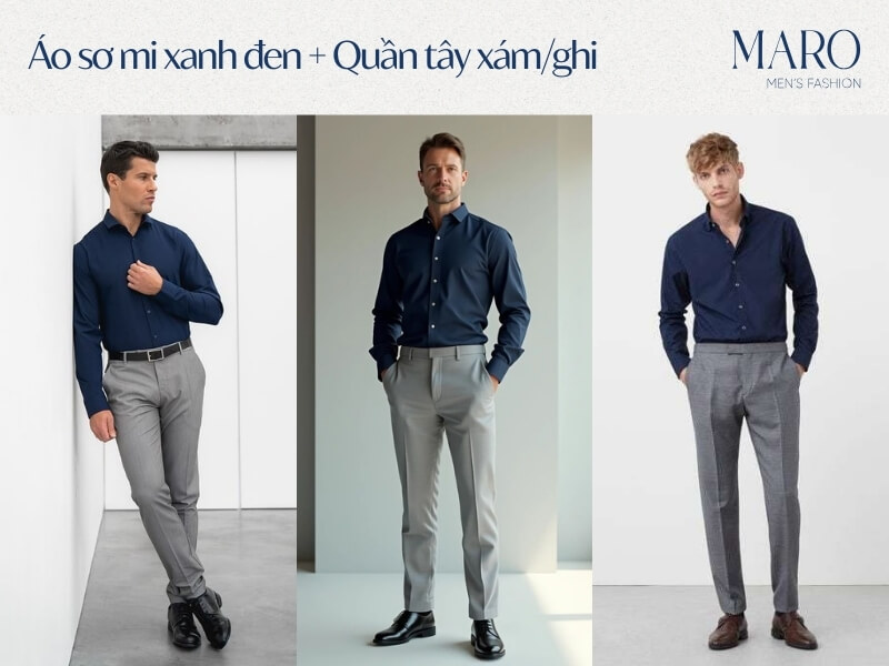 áo sơ mi xanh đen phối với quần tây xám ghi