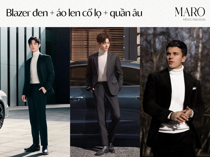 blazer đen áo len cổ lọ quần âu
