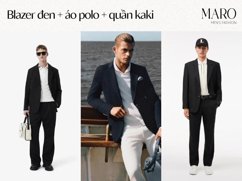 blazer đen áo polo quần kaki