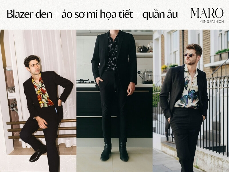 blazer đen áo sơ mi họa tiết quần âu